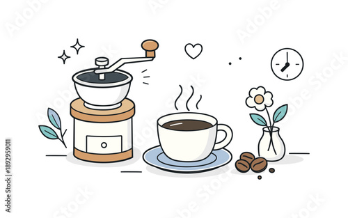 Mindful Coffee Ritual. Slow coffee ritual. Manual coffee grinder next to a cup, suggesting mindful preparation and everyday comfort. Peaceful lifestyle scene