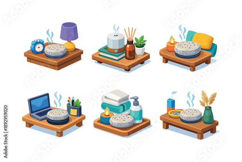 Colorful Aromatherapy Icons. Home Aromatherapy. Isometric flat vector icons set of Home Aromatherapy: bedside aroma stone, shelf diffuser decor, living room