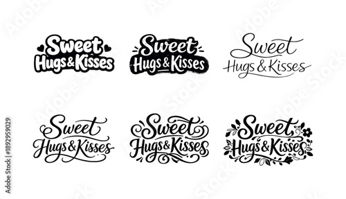 Artistic Lettering Variations. Sweet hugs & kisses script. Set lettering. harmonious lettering variations of the same emblematic concept, each with different