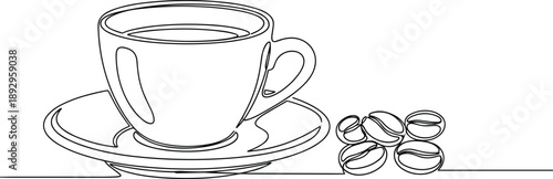Minimalist line drawing of coffee cup on saucer with beans, symbolizing relaxation, café culture, and morning rituals