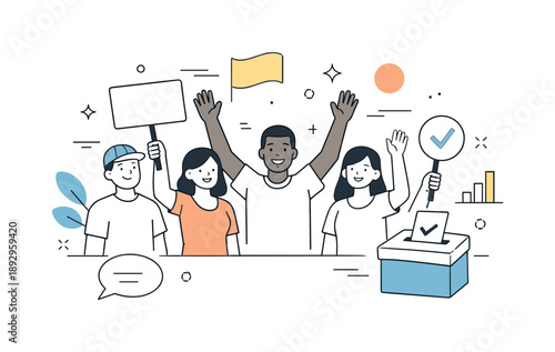 Civic Engagement Unity. Civic engagement. People raising hands and banners, symbolizing participation and collective decision-making. Calm and optimistic scene