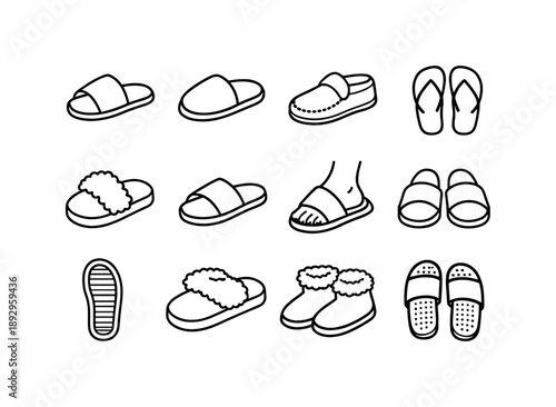 Iconic Slipper Collection. Slippers. Line icon set of Slippers: open toe slipper, closed toe slipper, house slipper, flip flop, fuzzy slipper, slide sandal,