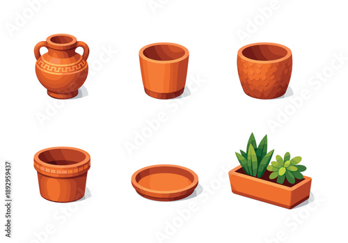 Terracotta Decor Icons. Terracotta Decor. Isometric flat vector icons set of Terracotta Decor: decorative clay pot, minimalist terracotta planter, textured