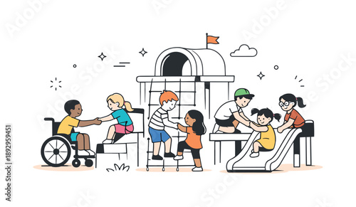Playful Teamwork Harmony. Inclusive playground cooperation. Kids helping each other climb and explore play structures. Empathy, teamwork and positive social
