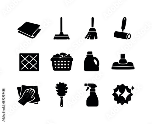Spring Cleaning Icons. Spring allergies. Solid icon set of home cleaning icons: dust cloth, mop, broom, lint roller, air filter, laundry basket, detergent