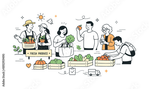 Local Food Selection. Supporting local producers. A small group of people choosing seasonal food directly from growers, relaxed gestures and open space