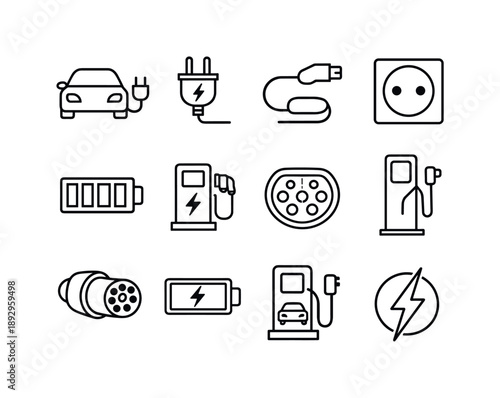Charging Station Icons. Charging Stations. Line icon set of Charging Stations: electric car charging, charging plug, charging cable, power socket, battery