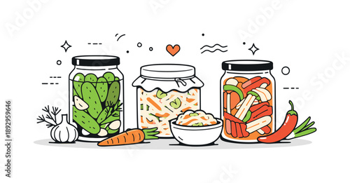 Homemade Fermentation Delight. Home fermentation concept. Several jars with pickles, sauerkraut, and kimchi shown in a tidy still life composition. Natural and