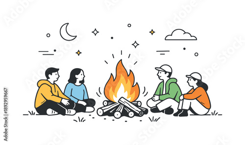 Bonfire Reflections. Night fire celebration. A simple editorial scene of a bonfire burning steadily while people watch quietly. The atmosphere feels safe,
