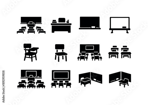 School Classroom Icons. School Classroom. Solid icon set of School Classroom: classroom interior, student desks, teacher desk, chalkboard,