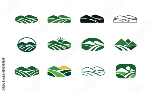 Harmonious Field Icons. Open Field. Icon set. Set Logo of Open Field: field with distant hills. harmonious logo variations of the same emblematic concept, each