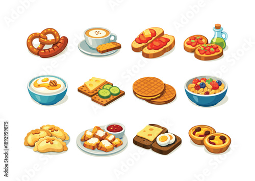 European Breakfast Icons. European breakfasts. Colorful flat vector icons set of European breakfasts: German pretzel and sausage, Italian cappuccino with