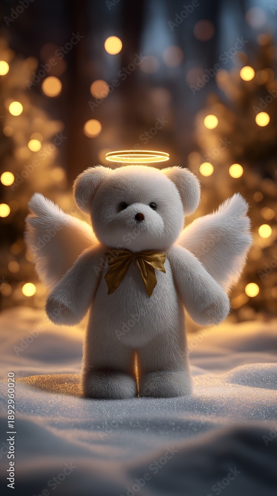 Naklejka premium A plush angel with white wings and golden halo standing in snow as a cute festive toy