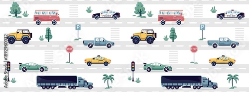 Seamless pattern with hand drawn cars, signs, roads. Cartoon background for print, children, paper, print . trending art cute illustration