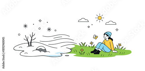 Spring Renewal Illustration. Winter fading into spring illustration. Clean editorial composition where snow recedes and fresh grass emerges, conveying hope and