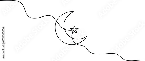 Minimalist vector illustration of crescent moon and star intersected by wavy line, celestial symbol, elegant design, spiritual night concept