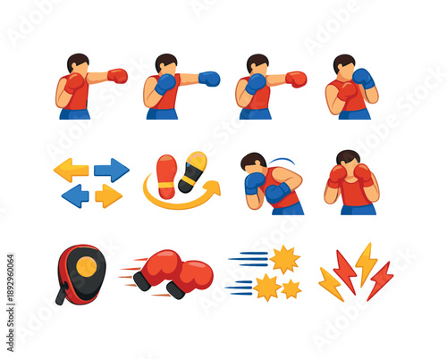 Boxing Drill Icons. Boxing drills. Colorful flat vector icons set of boxing drills: jab icon, cross punch, hook punch, uppercut symbol, jab?cross combo,