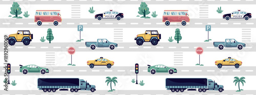 a seamless, trend pattern of cars. Transport background for children. A template with doodles of toy cars, road signs. for print, paper, banner. art vector illustration.