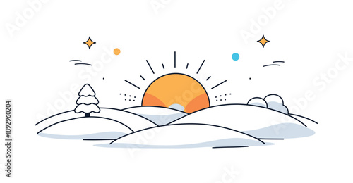 Snowy Sunrise Serenity. Sunrise Over Snow with Warm Tones. Abstract winter landscape with rounded snow shapes and a glowing sun rising gently. Soft transition