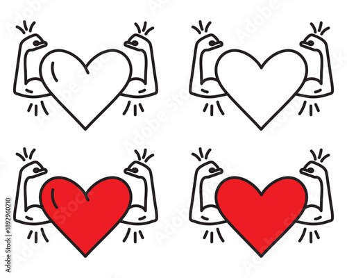 Strong heart icon set in line and solid color styles, isolated on transparent background. Symbols for cardiovascular health, fitness, active lifestyle, wellness, medical care design projects.