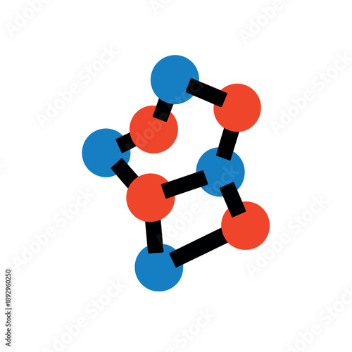A molecular structure graphic with red and blue atoms connected by black bonds on a white background