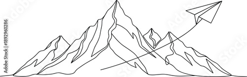 Minimalist vector illustration of paper airplane flying over mountain peaks, symbolizing ambition, creativity, exploration, upward motion, inspirational journey concept
