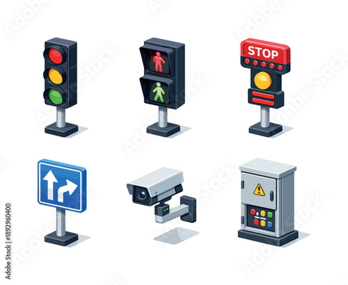 Isometric Traffic Icon Grid. Transportation. Isometric flat vector icons set of Transportation: traffic signal system, pedestrian crossing light, vehicle stop