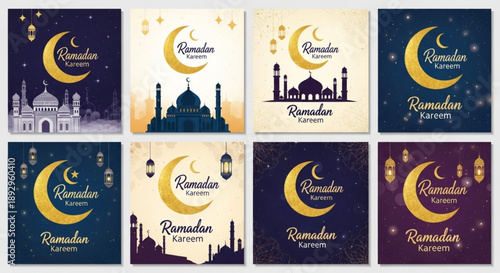 Ramadan Kareem set of posters or invitations design paper cut islamic lanterns, stars and moon on gold and violet background. Vector illustration. Place for text