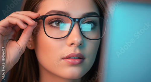 Thoughtful Woman Wearing Blue Light Blocking Glasses Product, Close-up Portrait for Digital Wellness and Eye Health