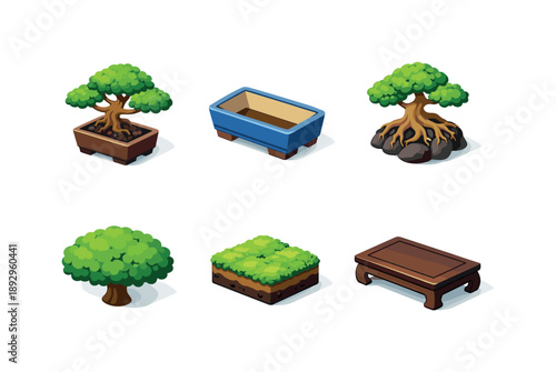 Bonsai Arrangement Grid. Bonsai Tree. Isometric flat vector icons set of bonsai tree: miniature bonsai tree, ceramic bonsai pot, exposed root base, trimmed