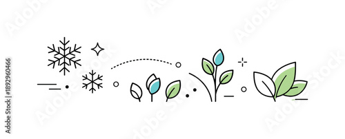 Nature's Abstract Evolution. Nature-inspired abstraction. Minimal symbols of snowflakes fading into buds and leaves within a balanced geometric layout. Quiet