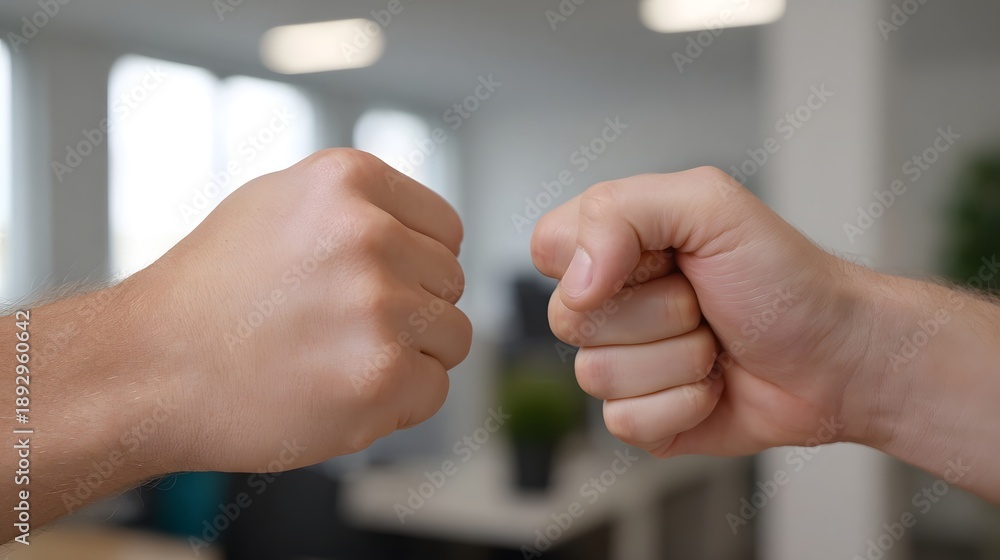 Obraz premium Two hands performing a fist bump symbolizing agreement teamwork and success in a modern office environment
