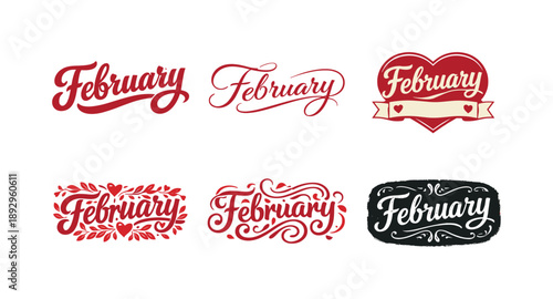 February Lettering Variations. Decorative February banners. Set lettering. harmonious lettering variations of the same emblematic concept, each with different