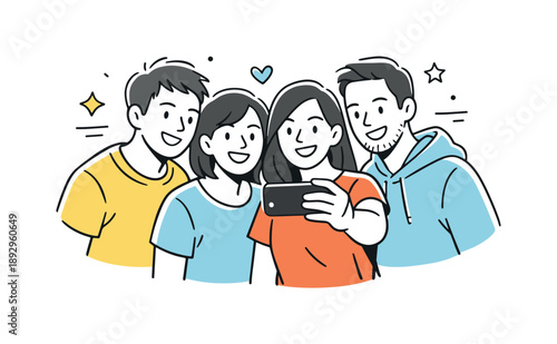 Joyful Group Selfie. Group selfie. Friends standing close together, holding a smartphone and smiling naturally. Casual joy, shared moment and