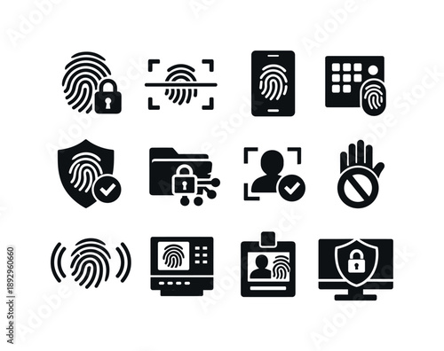 Fingerprint Security Icons. Fingerprint security system. Solid icon set of Fingerprint security system: fingerprint lock, biometric scanner, secure device,