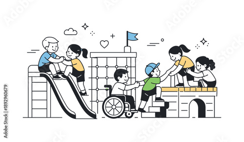 Playful Teamwork Harmony. Inclusive playground cooperation. Kids helping each other climb and explore play structures. Empathy, teamwork and positive social