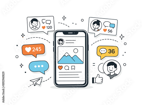 Social Media Engagement. Marketing campaign visuals. A calm social media campaign scene with posts, likes, and comment bubbles floating around a smartphone,