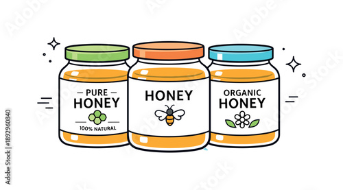 Minimalist Honey Concept. Minimal honey concept. Two or three honey jars placed side by side, simple labels and soft reflections. Order, purity, and natural