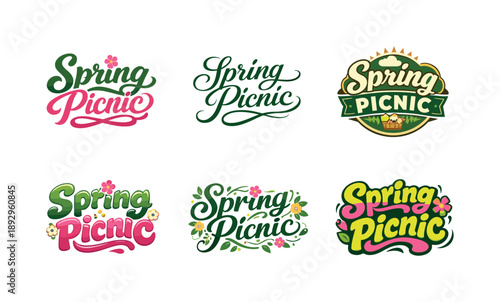 Creative Lettering Grid. Spring picnic. Set lettering. harmonious lettering variations of the same emblematic concept, each with different artistic