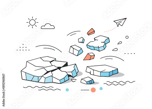 Ice Transformation Abstraction. Ice breaking abstraction. An abstract editorial illustration using cracked lines, floating ice shapes, and gentle motion to