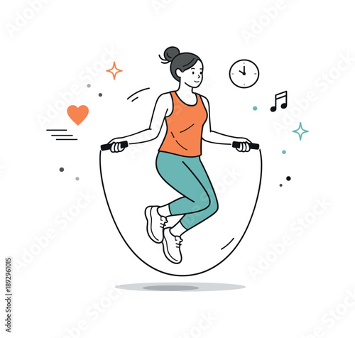 Dynamic Fitness Illustration. Fitness workout cardio. Person running or jumping rope, dynamic but balanced motion and focused energy. Minimalist flat vector