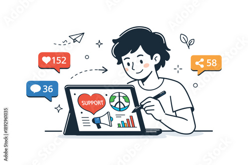 Digital Advocacy Illustration. Social media advocacy. A person creating a post or infographic on a laptop or tablet, with likes, shares, and comments icons