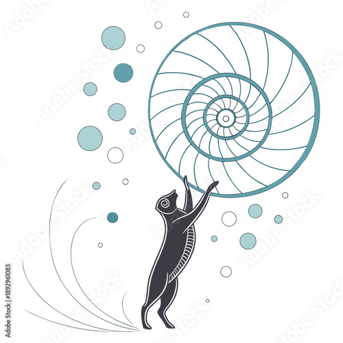 Dynamic figure interacting with large spiral design and floating circles