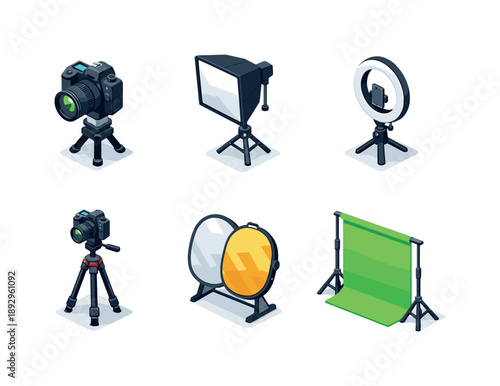 Photo Studio Icons. Photo studio. Isometric flat vector icons set of photo studio: studio camera, softbox light, ring light, tripod with camera, reflector