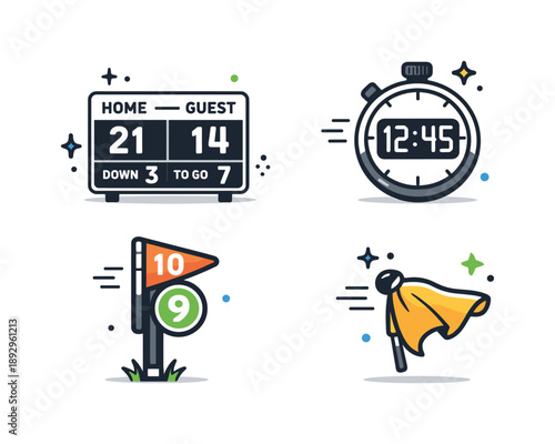 Football Icon Set. American football scoreboard icons. A modern icon set with scoreboard, timer, yard markers, and penalty flag. The mood reflects competition,