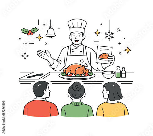 Festive Cooking Class. Holiday cooking class instruction. Chef or instructor explaining a holiday dish while participants watch attentively, focused atmosphere