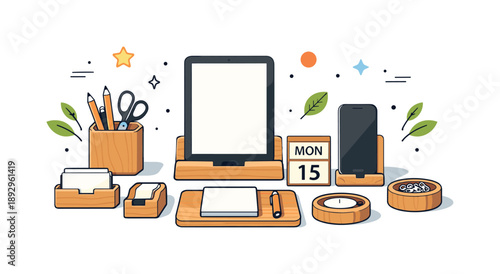 Minimalist Desk Essentials. Wooden stationery desk essentials. Simple set of wood-made desk items arranged symmetrically, highlighting warmth, order, and