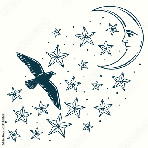 Majestic bird flying under starry night sky with crescent moon