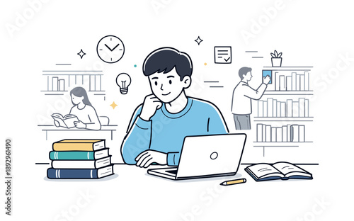 Focused Library Study. Students studying in library. Student sitting at a desk with books stacked neatly and a laptop open, quiet and thoughtful environment.