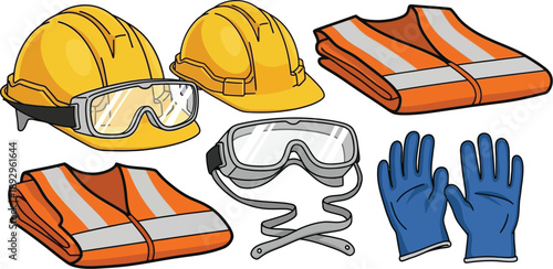 A collection of safety equipment including two yellow hard hats, two orange reflective vests, safety goggles, and blue work gloves are displayed.